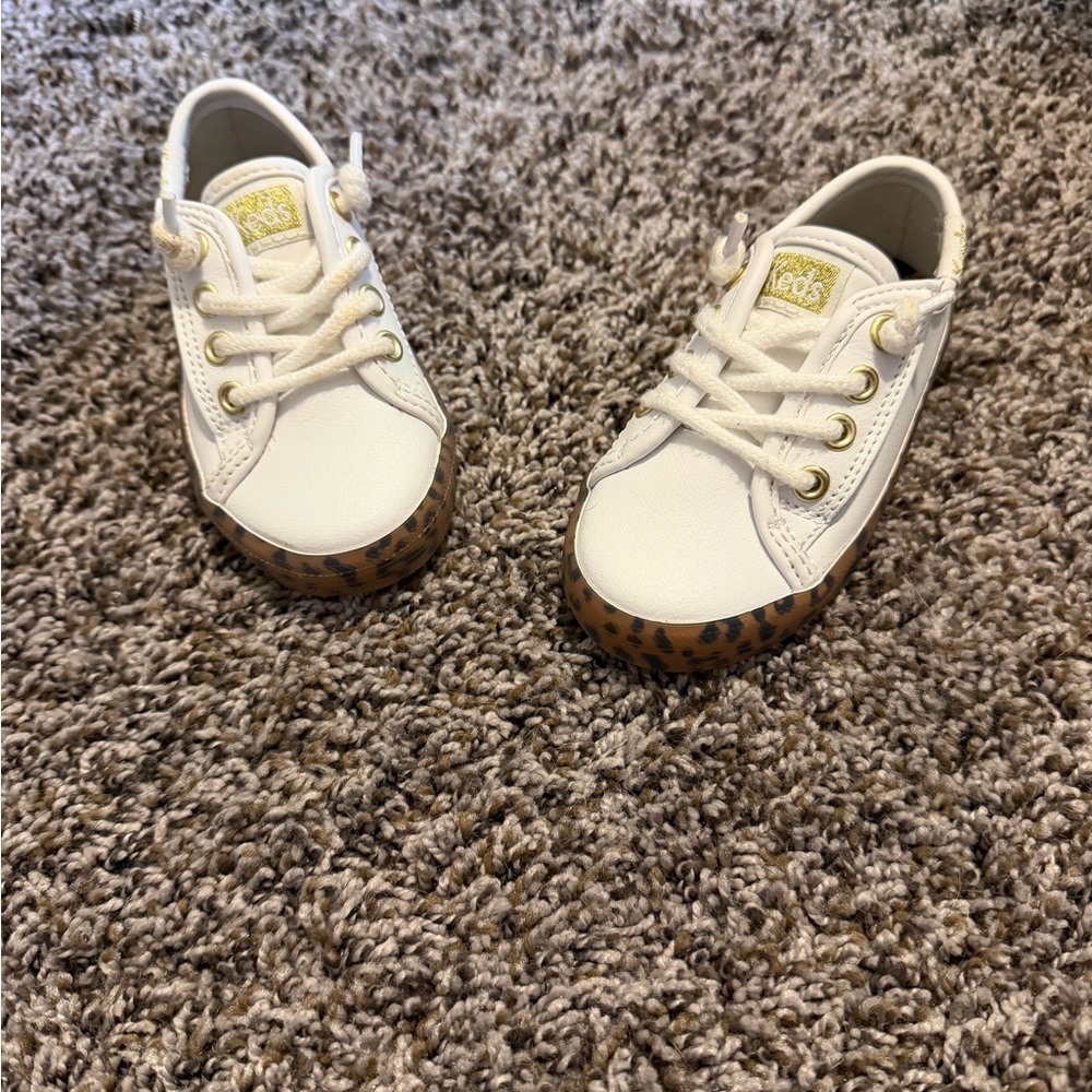 Keds Kids White Sneakers with Brown Leopard Print